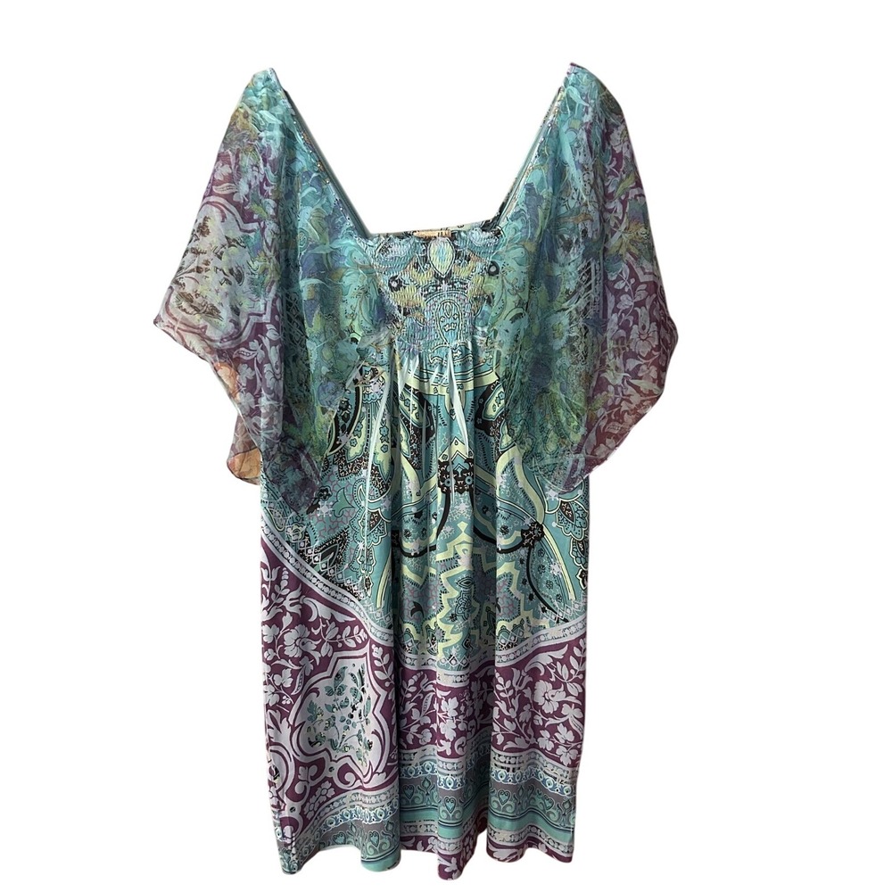 One World Dress Womens L Flutter‎ Sleeve Metal Studs Boho Colorful Fairy Hippie
